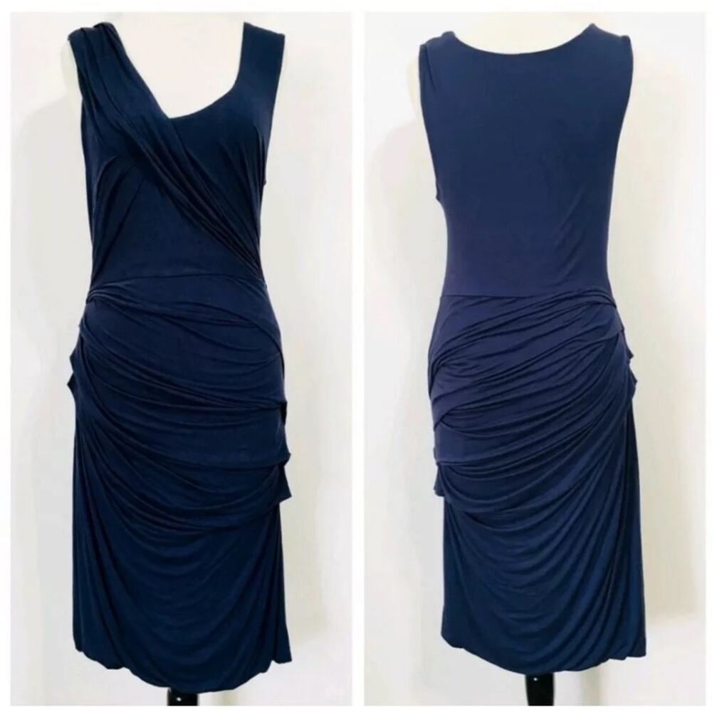 Anthropologie Deletta Draped Ruched Camber Sheath Navy Dress Jersey W-937 Sz M